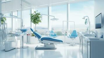 ai generiert modern Dental Klinik mit Blau und Weiß Farben foto