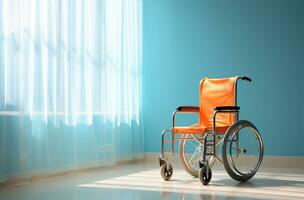 ai generiert Rollstuhl im das Krankenhaus Gang. 3d Rendern und Illustration. foto