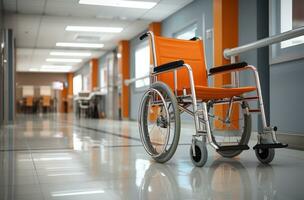 ai generiert Rollstuhl im das Krankenhaus Gang. 3d Rendern und Illustration. foto