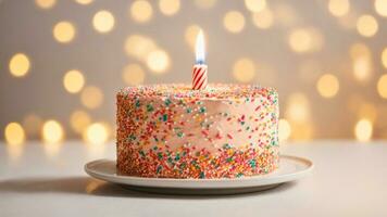 ai generiert Nahansicht von bunt Geburtstag Kuchen mit Verbrennung Kerze auf Tabelle gegen Bokeh Beleuchtung mit Kopieren Raum foto