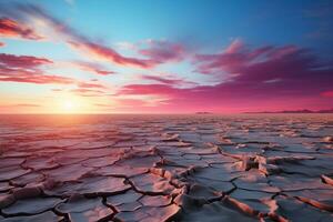 ai generiert Dämmerung Landschaft von trocken Salz- See Bett, geknackt Oberfläche foto