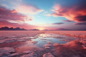 ai generiert schön Dämmerung Landschaft von ein Salz- See im Rosa Töne foto
