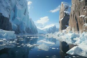 ai generiert Arktis Landschaft mit Wasser, Eisberge und eisig felsig Ufer foto