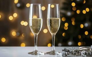 ai generiert Brille mit Champagner auf das Hintergrund von Weihnachten Dekorationen. ai generiert foto