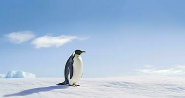 ai generiert Pinguin Stehen im Antarktis suchen in das Blau Himmel. ai generiert foto