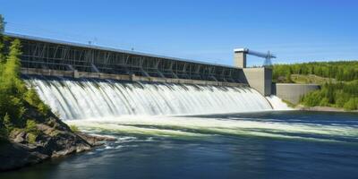 ai generiert Wasserkraft Damm Erstellen Grün Energie von fließend Wasser. ai generiert. foto