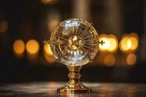 ai generiert das golden Monstranz mit ein wenig transparent Kristall Center, geweiht Gastgeber. Kirche defokussiert Hintergrund. ai generativ foto