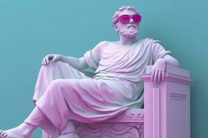 ai generiert ein Weiß Statue von Plato im ein cool Pose, tragen Magenta und cyan 3d Gläser, bereit zu Party. ai generativ foto