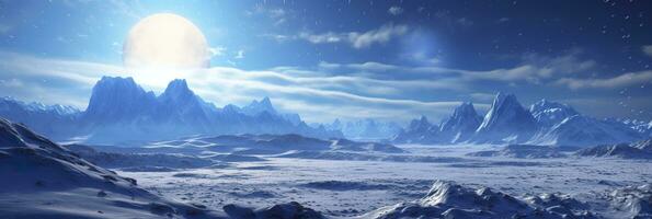 ai generiert riesig verlassen Schnee Land, groß Berge im das Hintergrund, Schneefall mit Licht Blau Himmel und Licht Blau Farben, friedlich Atmosphäre, ai generativ foto
