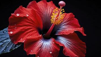 ai generiert ein Hibiskus Blume mit Wasser ein dunkel Hintergrund. foto