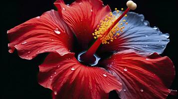 ai generiert ein Hibiskus Blume mit Wasser ein dunkel Hintergrund. foto