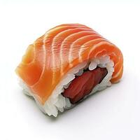 ai generiert ein Sushi Lachs auf Weiß Hintergrund. ai generiert foto