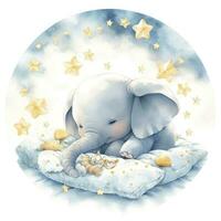 ai generiert ein Elefant auf ein Bett mit Sterne und Decken um das Kreis. ai generiert foto