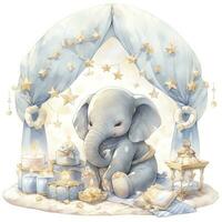 ai generiert ein Elefant auf ein Bett mit Sterne und Decken um das Kreis. ai generiert foto