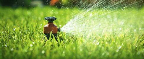 ai generiert automatisch Garten Rasen Sprinkler im Aktion Bewässerung Gras. ai generiert foto