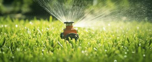 ai generiert automatisch Garten Rasen Sprinkler im Aktion Bewässerung Gras. ai generiert foto