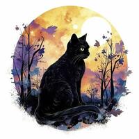 ai generiert schwarz Katze im Mondschein Wald. Aquarell zum T-Shirt Design. ai generiert foto