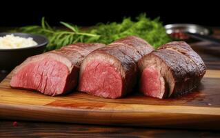 ai generiert Brasilianer Picanha Essen auf ein hölzern Schneiden Tafel. foto