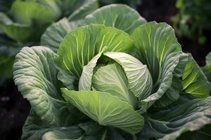 ai generiert Kohl wachsend im ein städtisch Garten. Kohl Blätter und Kopf schließen hoch. generativ ai foto