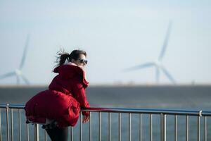 auf das Hintergrund von Windmühlen, ein jung Frau im ein rot Jacke ist genießen ihr Winter Urlaub. foto