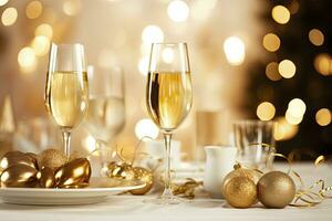 ai generiert Weihnachten Tabelle Rahmen mit Urlaub Dekorationen im Wein Flasche und Wein Brille gegen Bokeh Hintergrund foto