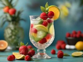 ai generiert Glas von Alkohol kalt coctail dekoriert mit Eis, Obst und Minze bleiben auf Holz Tisch. frisch Saft auf Hintergrund mit Zitrone, Erdbeere, Kalk. foto