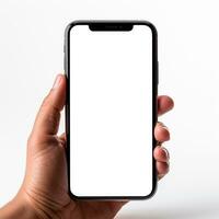 ai generiert Smartphone im ein des Mannes dunkelhäutig Hand, Weiß Bildschirm Vorlage, Weiß Hintergrund - - ai generiert Bild foto