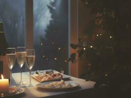 ai generiert Champagner Brille mit Essen und Weihnachten Baum im Leben Zimmer, Innere Lebensstil Feier Neu Jahr ästhetisch Stil foto