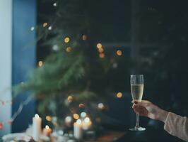 ai generiert Champagner Brille mit Essen und Weihnachten Baum im Leben Zimmer, Innere Lebensstil Feier Neu Jahr ästhetisch Stil foto