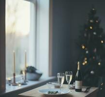 ai generiert Champagner Brille mit Essen und Weihnachten Baum im Leben Zimmer, Innere Lebensstil Feier Neu Jahr ästhetisch Stil foto