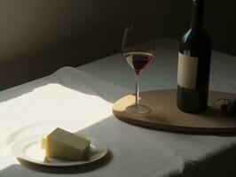ai generiert Wein Glas und Käse mit Obst im Licht und Schatten Stimmung Ton foto