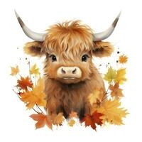ai generiert glücklich süß Baby Hochland Kuh im Herbst Blätter im das Aquarell Stil. ai generiert foto