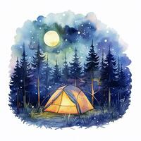 ai generiert ein Camping Zelt im das Wald mit Nacht Himmel, Aquarell zum T-Shirt Design. ai generiert foto