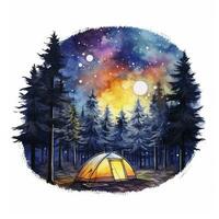 ai generiert ein Camping Zelt im das Wald mit Nacht Himmel, Aquarell zum T-Shirt Design. ai generiert foto