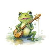 ai generiert Aquarell Grün Frosch spielen ein winzig Musical Instrument auf Weiß Hintergrund. ai generiert foto