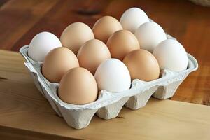ai generiert schließen oben von öffnen Karton von frisch Geschäft gekauft Weiß Eier. ai generiert foto