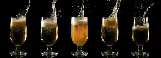 ai generiert Gießen Bier in ein Glas auf ein schwarz Hintergrund. generativ ai foto