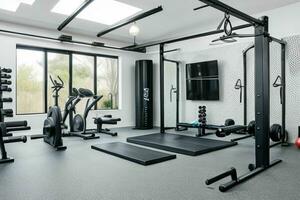 ai generiert Zuhause Fitnessstudio. Profi Foto