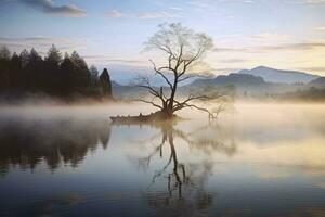 ai generiert Wanakas einsam Weide Baum welche ist gelegen gerade aus von das See Ufer. ai generiert foto