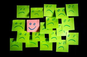 Konzept zum ein positiv Einstellung mit klein Büro Anmerkungen mit mehrere Gesichter und einer steht aus mit ein Lächeln foto
