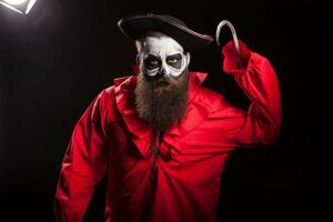 unheimlich Pirat mit ein Haken und lange Bart Über schwarz Hintergrund. Halloween Outfit. foto