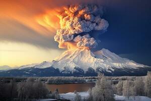 ai generiert vulkanisch Eruption im schneebedeckt Berge. generiert durch künstlich Intelligenz foto