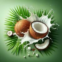 ai generiert Kokosnuss mit Spritzen Kokosnuss auf Grün foto