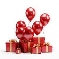 ai generiert rot Luftballons mit Geschenk Box glücklich Geburtstag Poster Element, generativ ai foto