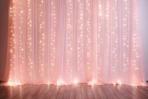 ai generiert Weihnachten Beleuchtung Saiten Vorhang dekorativ Hintergrund mit Pastell- Rosa Vorhang foto