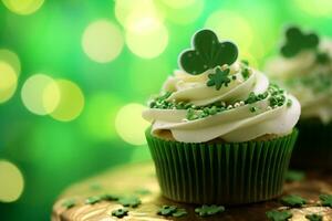 ai generiert st Patricks Tag thematisch Kleeblatt Blätter Cupcakes auf ein Grün Bokeh Hintergrund foto