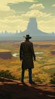 ai generiert Silhouette Cowboy Stehen auf Hügel. Ranch foto