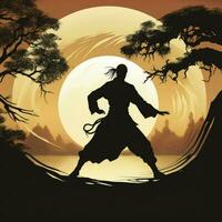 ai generiert Silhouette von kriegerisch Kunst Kung fu Mann Stehen. Shaolin Meister Illustration. foto
