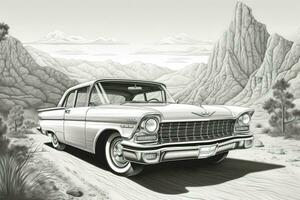 ai generiert das Kontur Bild von ein retro klassisch Wagen. schwarz und Weiss, Digital Illustration zum Färbung Buch foto