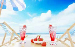 Cocktail Erdbeere Limonade nicht mischen Alkohol. cool Saft Getränke mit Eis Würfel. Strand Stühle und Strand Regenschirme auf das sandig Strand. 3d Wiedergabe. foto